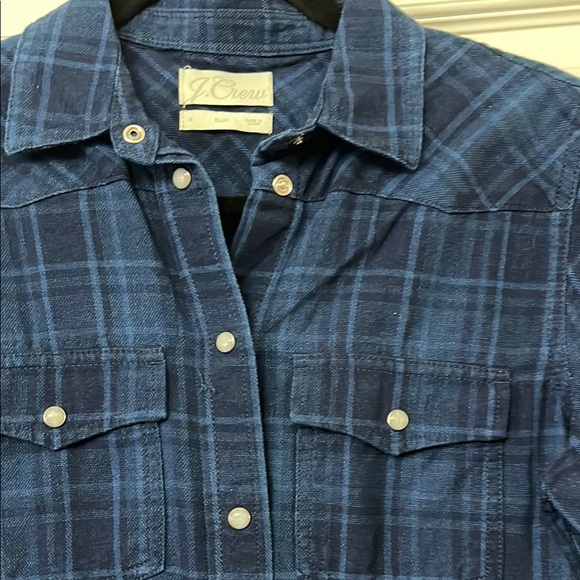J. Crew “denim”/Navy plaid western style button front blouse - Picture 6 of 9
